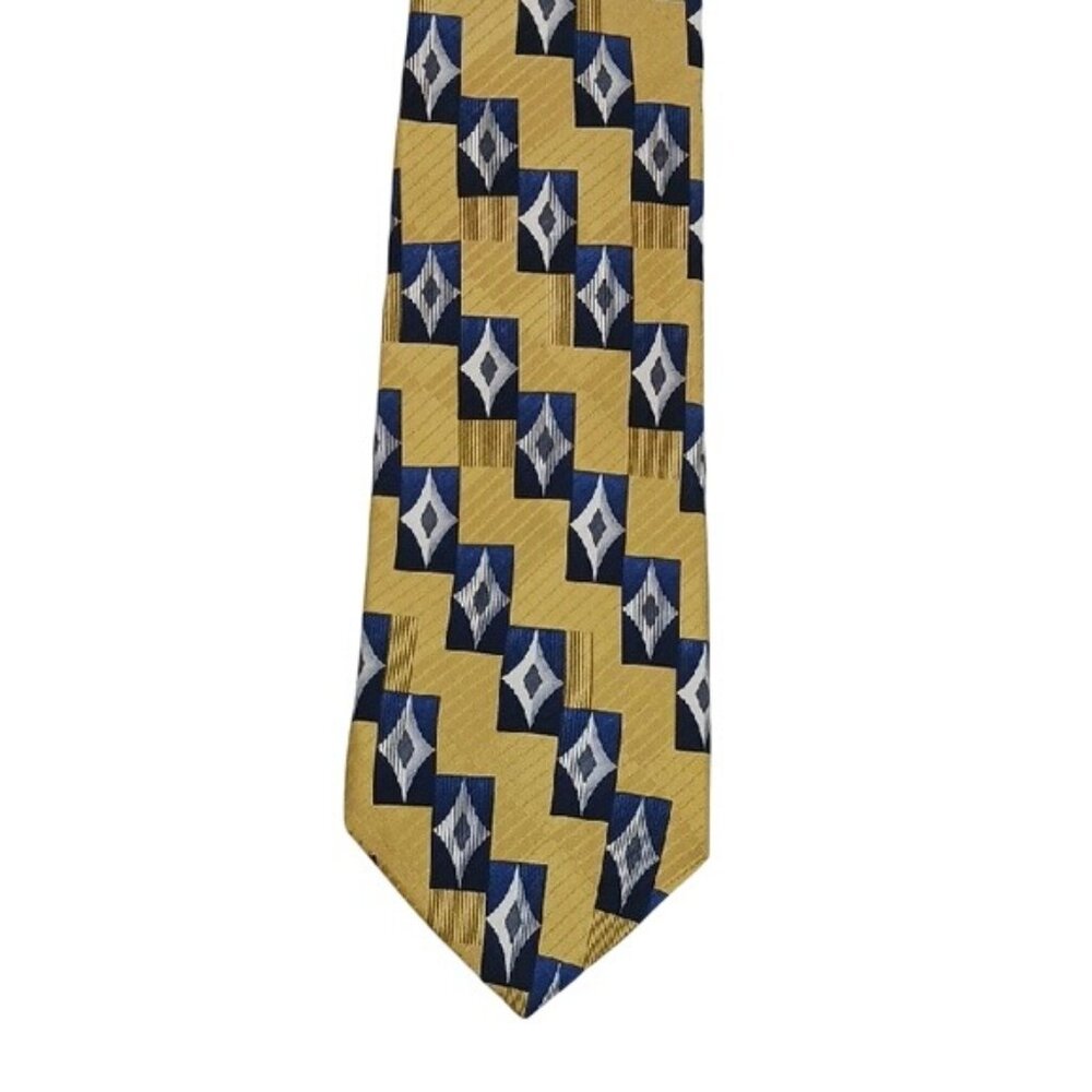Puritan Mens Silk Tie Gold Blue Geometric Pattern Retro Classic Necktie
